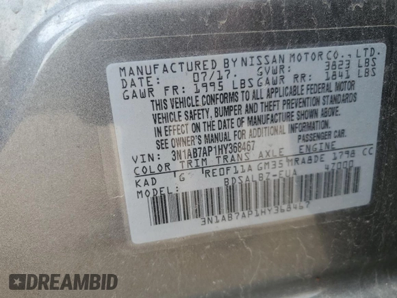 2017 Nissan Sentra S with VIN 3N1AB7AP1HY368467, listed as a Copart auction lot 56880555 with 48,024 mi miles and Salvage title. Bid and sale history available at DreamBid. Image 13.