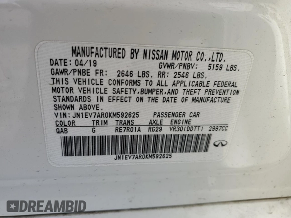 2019 Infiniti Q50 Luxe с VIN JN1EV7AR0KM592625, выставлен на аукционе Copart как лот 57175775 с пробегом 57 239 миль миль и Списание • Salvage title. История ставок и продаж доступна на DreamBid. Изображение 12.