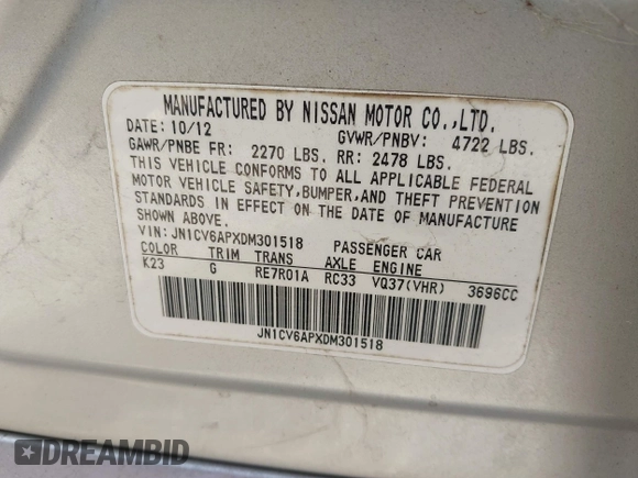 2013 Infiniti G37 Journey with VIN JN1CV6APXDM301518, listed as a IAAI auction lot 42079189 with 134,074 mi miles and . Bid and sale history available at DreamBid. Image 9.