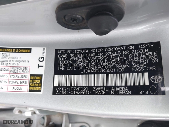 2019 Toyota Prius L Eco with VIN JTDKARFU3K3081100, listed as a IAAI auction lot 38896610 with 79,542 mi miles. Bid and sale history available at carsss.com. Image 9.