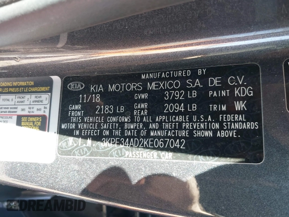 2019 Kia Forte S with VIN 3KPF34AD2KE067042, listed as a IAAI auction lot 41872177 with 96,992 mi miles. Bid and sale history available at carsss.com. Image 9.
