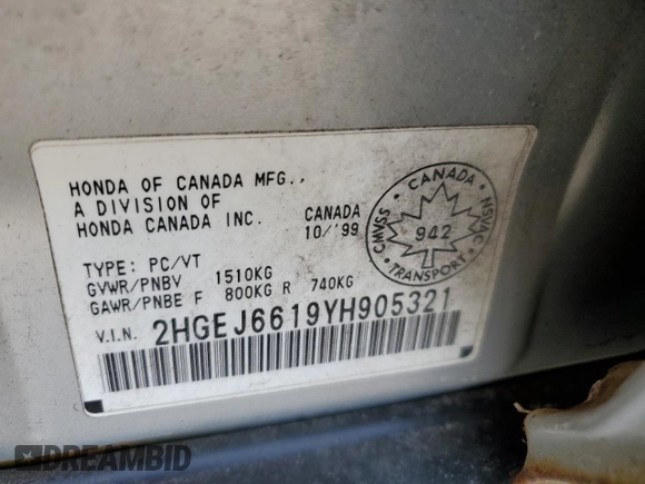 2000 Honda Civic VP with VIN 2HGEJ6619YH905321, listed as a Copart auction lot 51945305 with 179,926 mi miles and Clean Title. Bid and sale history available at DreamBid. Image 12.