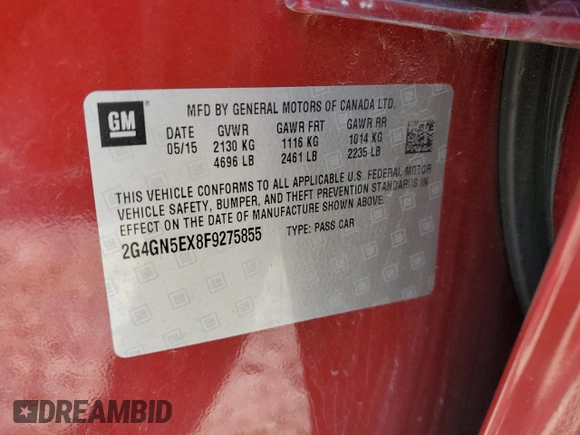 2015 Buick Regal Premium I with VIN 2G4GN5EX8F9275855, listed as a Copart auction lot 65239505 with 110,425 mi miles and Clean title. Bid and sale history available at DreamBid. Image 12.