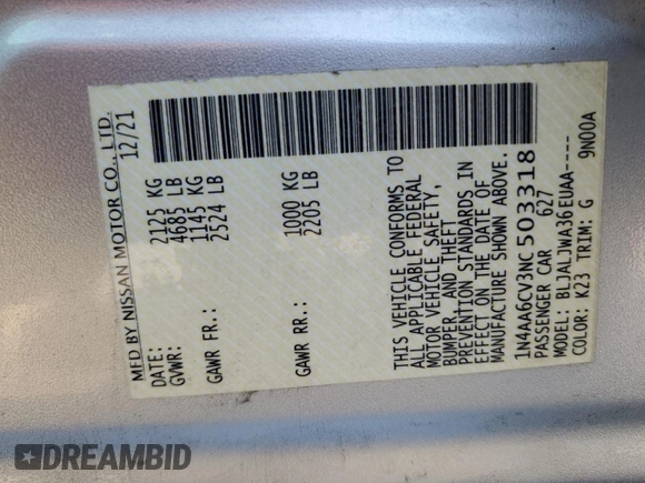 2022 Nissan Maxima SV with VIN 1N4AA6CV3NC503318, listed as a Copart auction lot 50423805 with 70,880 mi miles and Salvage title. Bid and sale history available at DreamBid. Image 13.