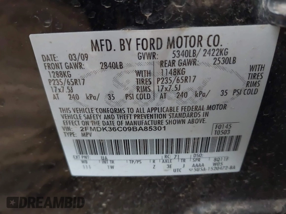 2009 Ford Edge SE with VIN 2FMDK36C09BA85301, listed as a IAAI auction lot 41950434 with 180,485 mi miles. Bid and sale history available at carsss.com. Image 9.