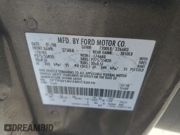 2008 Ford F-150 XLT with VIN 1FTPW14VX8KC52010, listed as a Copart auction lot 61425865 with 21,470 mi miles and Salvage title. Bid and sale history available at DreamBid. Image 12.