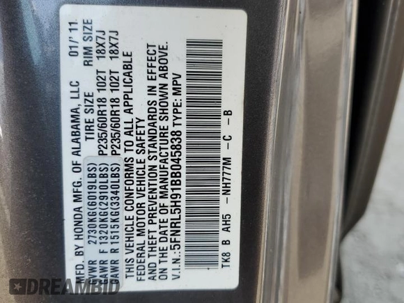 2011 Honda Odyssey Touring with VIN 5FNRL5H91BB045838, listed as a Copart auction lot 59612315 with Not provided miles and Salvage title. Bid and sale history available at DreamBid. Image 13.