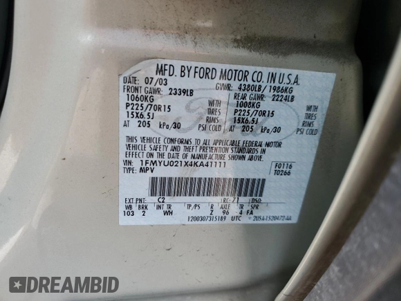 2004 Ford Escape XLS with VIN 1FMYU021X4KA41111, listed as a Copart auction lot 45393765 with 125,492 mi miles and Salvage Title. Bid and sale history available at DreamBid. Image 16.