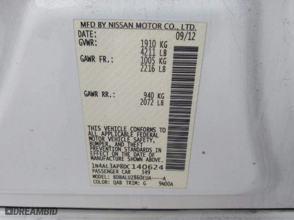 2013 Nissan Altima 2.5 SL with VIN 1N4AL3AP8DC140624, listed as a IAAI auction lot 41718089 with 127,089 mi miles. Bid and sale history available at carsss.com. Image 9.