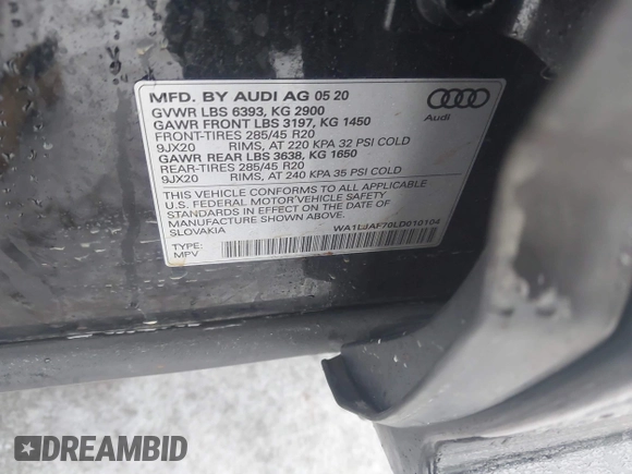 2020 Audi Q7 Premium Plus с VIN WA1LJAF70LD010104, выставлен на аукционе IAAI как лот 41519414 с пробегом 50 071 миль миль и . История ставок и продаж доступна на DreamBid. Изображение 9.