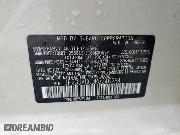 2024 Subaru Crosstrek Premium с VIN JF2GUADC0R8246284, выставлен на аукционе Copart как лот 56206865 с пробегом 13 317 миль миль и Списание • Salvage title. История ставок и продаж доступна на DreamBid. Изображение 13.