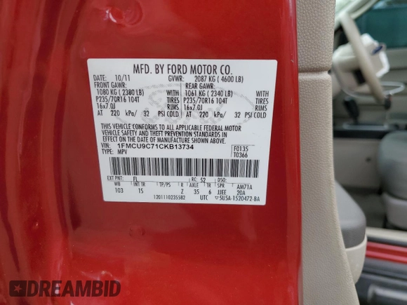 2012 Ford Escape XLS with VIN 1FMCU9C71CKB13734, listed as a Copart auction lot 55331865 with 182,323 mi miles and Salvage title. Bid and sale history available at DreamBid. Image 13.
