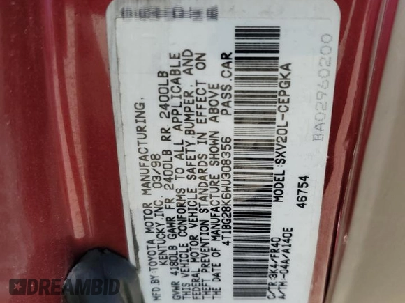 1998 Toyota Camry LE z VIN 4T1BG28K6WU308356, wystawiony jako Copart lot #57686475 z przebiegiem 178 274 mil mil oraz Szkoda całkowita • Salvage title. Historia ofert i sprzedaży dostępna na DreamBid. Obrazek 12.