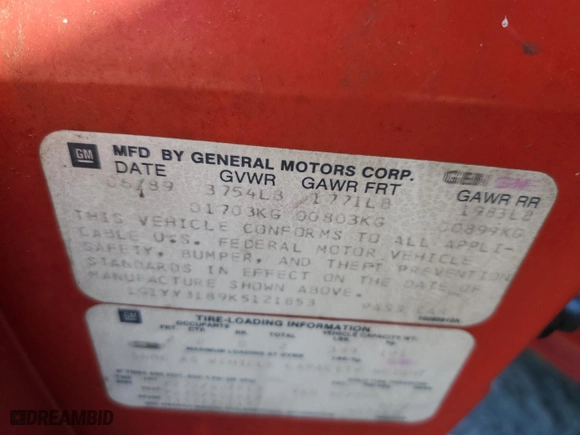 1989 Chevrolet Corvette with VIN 1G1YY3189K5121853, listed as a Copart auction lot 88135295 with 0 mi miles and Salvage Title. Bid and sale history available at carsss.com. Image 12.