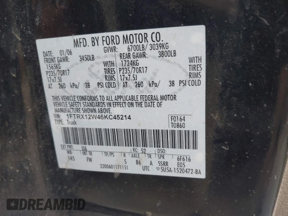 2006 Ford F-150 STX with VIN 1FTRX12W46KC45214, listed as a IAAI auction lot 41950810 with 197,312 mi miles. Bid and sale history available at carsss.com. Image 9.