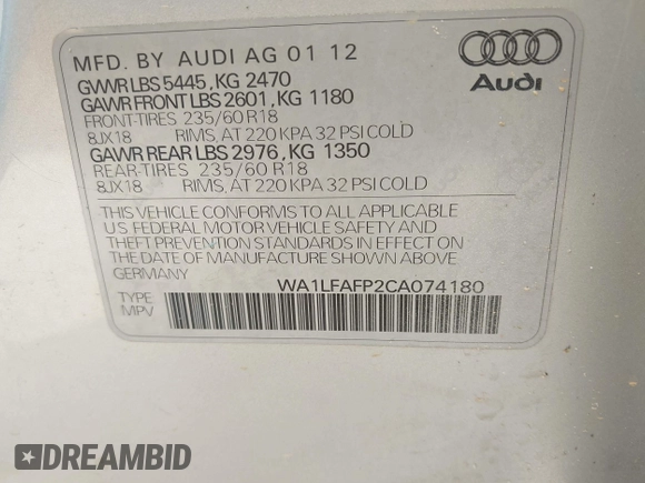2012 Audi Q5 Premium Plus with VIN WA1LFAFP2CA074180, listed as a IAAI auction lot 42405997 with 166,289 mi miles and . Bid and sale history available at DreamBid. Image 9.