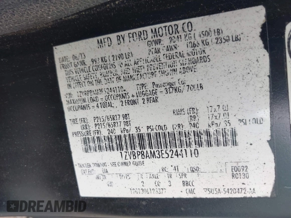 2014 Ford Mustang V6 with VIN 1ZVBP8AM3E5244110, listed as a IAAI auction lot 42383221 with 102,625 mi miles and . Bid and sale history available at DreamBid. Image 9.