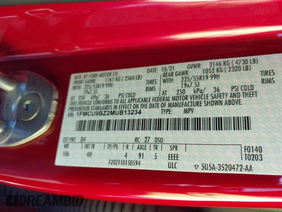 2021 Ford Escape SE Hybrid with VIN 1FMCU9BZ2MUB13234, listed as a IAAI auction lot 41271112 with 49,663 mi miles and . Bid and sale history available at DreamBid. Image 9.