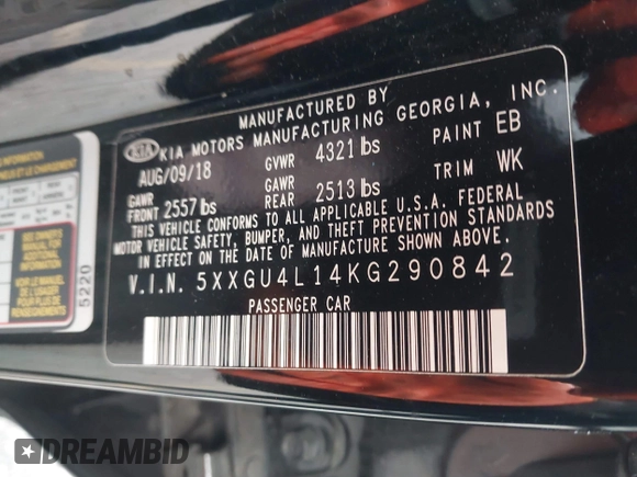 2019 Kia Optima EX with VIN 5XXGU4L14KG290842, listed as a IAAI auction lot 42030617 with Not Provided miles and . Bid and sale history available at carsss.com. Image 9.