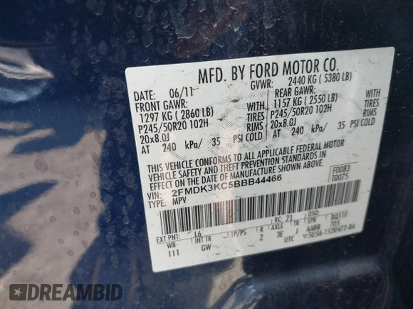 2011 Ford Edge Limited with VIN 2FMDK3KC5BBB44466, listed as a IAAI auction lot 42720945 with 103,887 mi miles and . Bid and sale history available at DreamBid. Image 9.