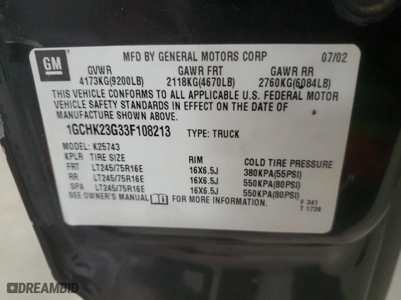 2003 Chevrolet Silverado 2500HD LS with VIN 1GCHK23G33F108213, listed as a Copart auction lot 77778784 with NaN miles and Salvage Title. Bid and sale history available at carsss.com. Image 12.