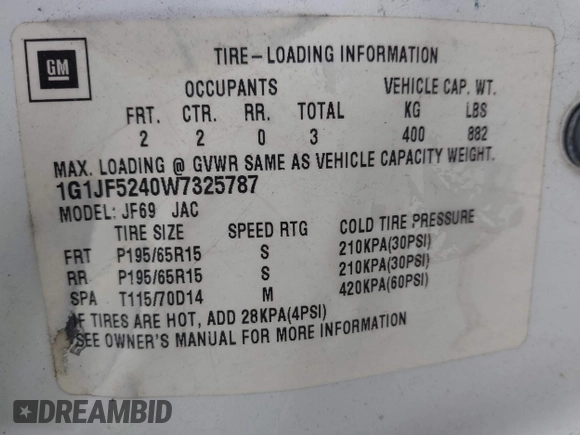 1998 Chevrolet Cavalier LS with VIN 1G1JF5240W7325787, listed as a IAAI auction lot 41609199 with 157,336 mi miles. Bid and sale history available at carsss.com. Image 9.