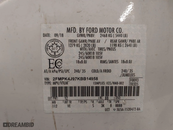 2019 Ford Edge SEL with VIN 2FMPK4J97KBB14958, listed as a IAAI auction lot 41630155 with 58,624 mi miles. Bid and sale history available at carsss.com. Image 9.