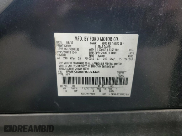 2017 Ford Explorer XLT with VIN 1FM5K8D88HGD74448, listed as a Copart auction lot 57061275 with 110,439 mi miles and Salvage title. Bid and sale history available at DreamBid. Image 13.