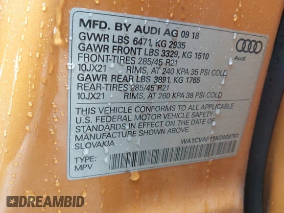 2019 Audi Q8 Prestige with VIN WA1CVAF15KD008797, listed as a IAAI auction lot 42332218 with 72,660 mi miles and . Bid and sale history available at DreamBid. Image 9.