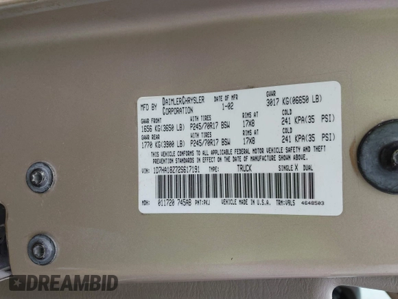 2002 Dodge 1500 with VIN 1D7HA18Z72S617191, listed as a IAAI auction lot 41712895 with 229,245 mi miles and . Bid and sale history available at DreamBid. Image 9.
