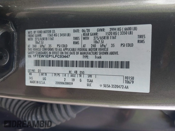 2020 Ford F-150 XL with VIN 1FTEW1EP1LFC03447, listed as a IAAI auction lot 42626026 with 111,525 mi miles and . Bid and sale history available at DreamBid. Image 9.
