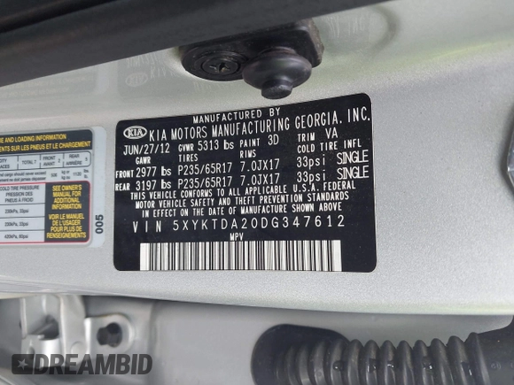 2013 Kia Sorento LX with VIN 5XYKTDA20DG347612, listed as a IAAI auction lot 42809304 with 115,452 mi miles and . Bid and sale history available at DreamBid. Image 9.