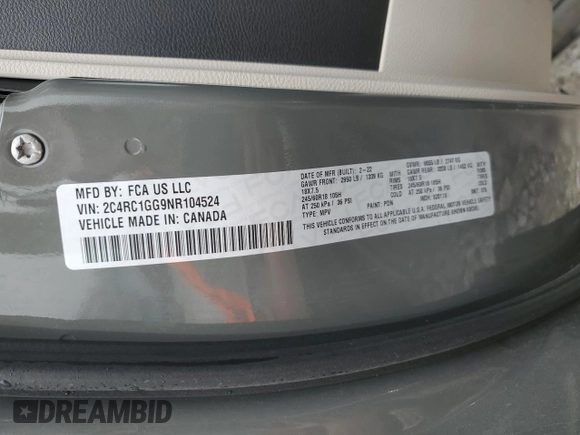 2022 Chrysler Pacifica Limited with VIN 2C4RC1GG9NR104524, listed as a Copart auction lot 54826355 with 57,709 mi miles and Salvage title. Bid and sale history available at DreamBid. Image 13.