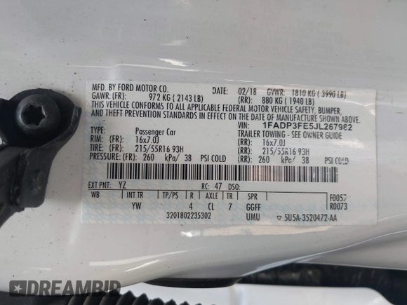 2018 Ford Focus SE z VIN 1FADP3FE5JL267982, wystawiony jako IAAI lot #42646881 z przebiegiem 40 163 mil mil oraz . Historia ofert i sprzedaży dostępna na DreamBid. Obrazek 9.