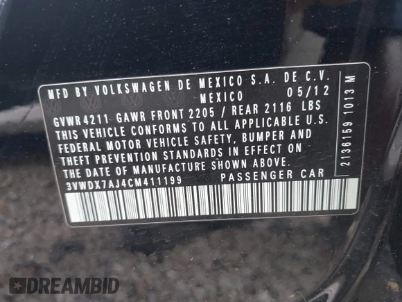 2012 Volkswagen Jetta SE с VIN 3VWDX7AJ4CM411199, выставлен на аукционе IAAI как лот 42535994 с пробегом 148 475 миль миль и . История ставок и продаж доступна на DreamBid. Изображение 9.