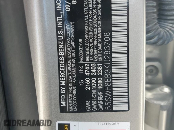 2019 Mercedes-Benz C 300 with VIN 55SWF8EB3KU283708, listed as a Copart auction lot 58890595 with 131,525 mi miles and Non repairable. Bid and sale history available at DreamBid. Image 12.