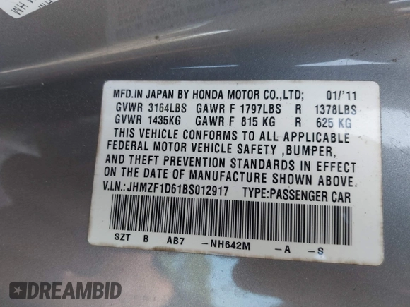 2011 Honda CR-Z EX with VIN JHMZF1D61BS012917, listed as a IAAI auction lot 42019921 with 217,004 mi miles and . Bid and sale history available at carsss.com. Image 9.