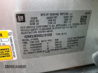 2016 Chevrolet Traverse LTZ with VIN 1GNKVJKDXGJ101509, listed as a Copart auction lot 46420915 with 184,787 mi miles and Salvage Title. Bid and sale history available at DreamBid. Image 15.