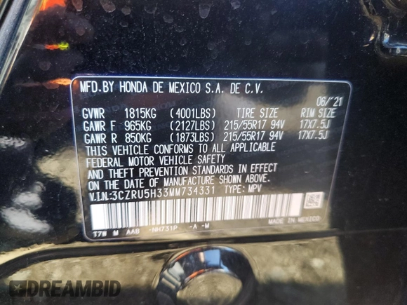 2021 Honda HR-V LX with VIN 3CZRU5H33MM734331, listed as a Copart auction lot 72170614 with 92,706 mi miles and Salvage Title. Bid and sale history available at carsss.com. Image 13.