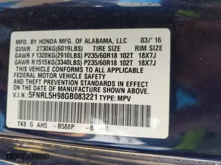 2016 Honda Odyssey Touring Elite with VIN 5FNRL5H98GB083221, listed as a IAAI auction lot 41626604 with 145,341 mi miles. Bid and sale history available at carsss.com. Image 9.