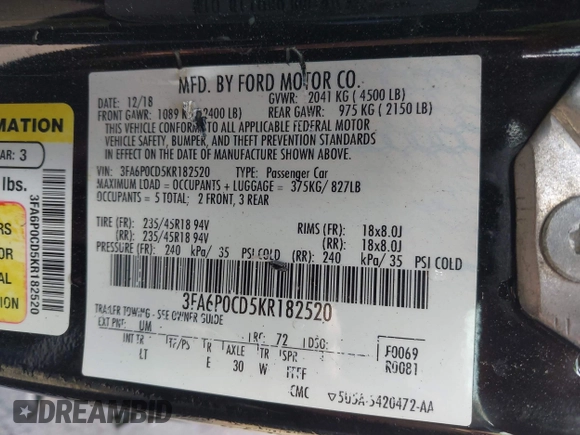 2019 Ford Fusion SEL with VIN 3FA6P0CD5KR182520, listed as a IAAI auction lot 42014190 with 107,028 mi miles and . Bid and sale history available at carsss.com. Image 9.