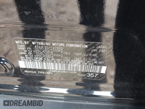 2021 Mitsubishi Outlander ES with VIN JA4ARUAU2MU018656, listed as a IAAI auction lot 41795367 with 74,943 mi miles and . Bid and sale history available at DreamBid. Image 9.
