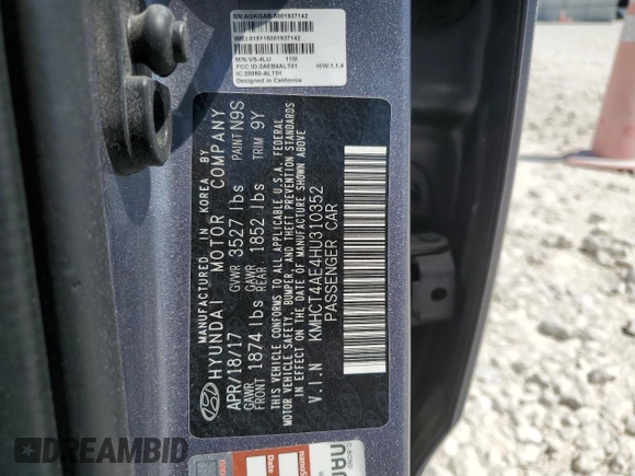 2017 Hyundai Accent SE with VIN KMHCT4AE4HU310352, listed as a Copart auction lot 50322535 with 108,815 mi miles and Salvage Title. Bid and sale history available at carsss.com. Image 12.