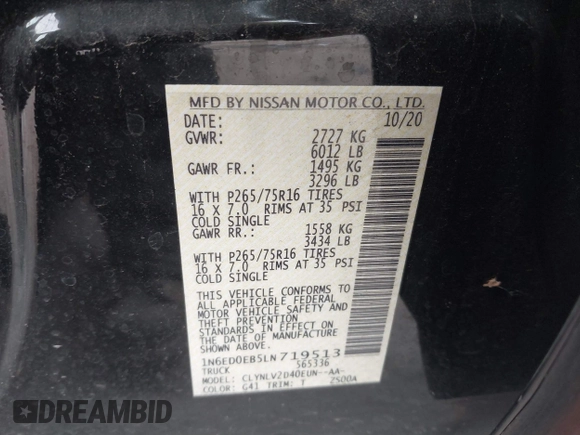 2020 Nissan Frontier SV with VIN 1N6ED0EB5LN719513, listed as a IAAI auction lot 41237275 with Not provided miles and . Bid and sale history available at DreamBid. Image 9.