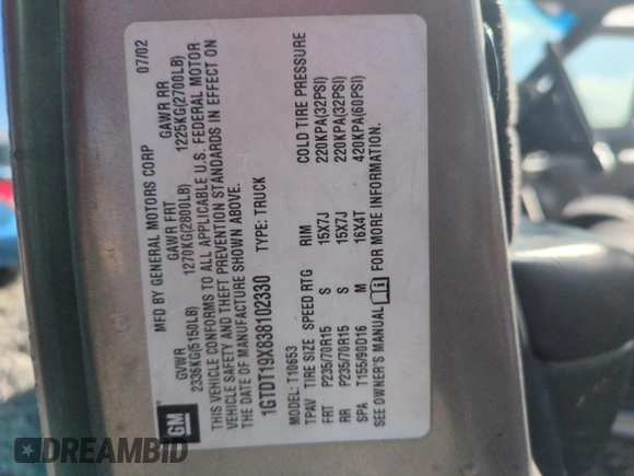 2003 GMC Sonoma SLS z VIN 1GTDT19X838102330, wystawiony jako Copart lot #44064695 z przebiegiem 165 227 mil mil oraz Szkoda całkowita • Salvage title. Historia ofert i sprzedaży dostępna na DreamBid. Obrazek 12.