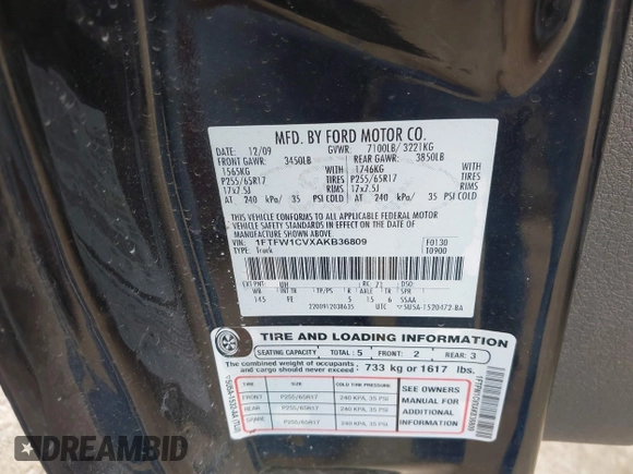 2010 Ford F-150 XL with VIN 1FTFW1CVXAKB36809, listed as a IAAI auction lot 41605646 with 1 mi miles. Bid and sale history available at carsss.com. Image 9.