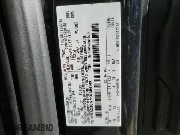 2019 Ford Transit Passenger XL with VIN 1FBAX2CG7KKA94149, listed as a Copart auction lot 75620344 with 98,902 mi miles and Salvage Title. Bid and sale history available at carsss.com. Image 13.