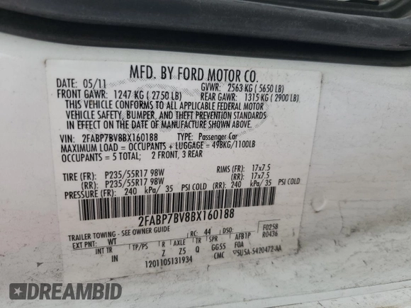 2011 Ford Police Interceptor with VIN 2FABP7BV8BX160188, listed as a Copart auction lot 59710915 with 142,316 mi miles and Salvage title. Bid and sale history available at DreamBid. Image 12.