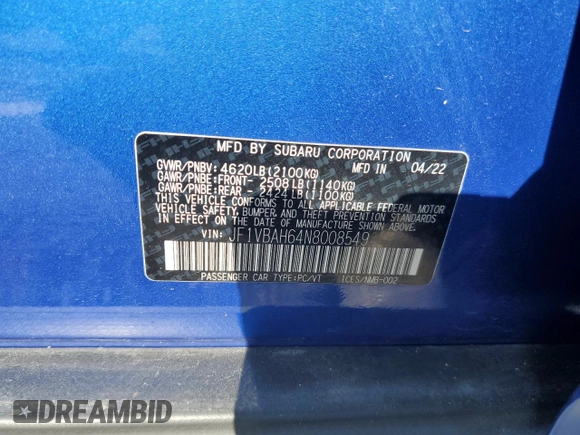 2022 Subaru WRX Premium with VIN JF1VBAH64N8008549, listed as a Copart auction lot 66389364 with 25,162 mi miles and Salvage Title. Bid and sale history available at carsss.com. Image 12.