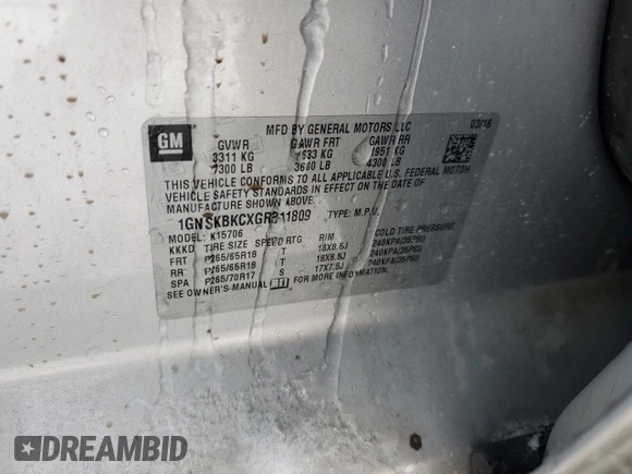 2016 Chevrolet Tahoe LT with VIN 1GNSKBKCXGR311809, listed as a Copart auction lot 85265534 with Not Provided miles and Clean Title. Bid and sale history available at DreamBid. Image 13.